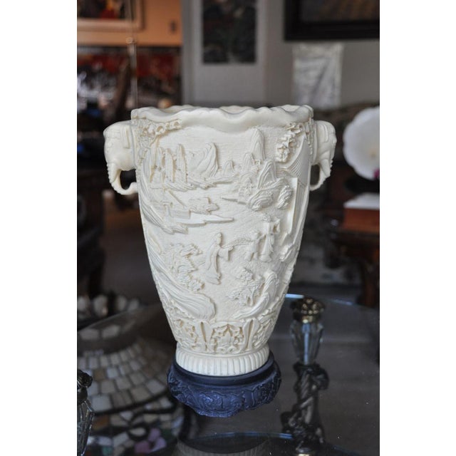 Vintage Faux Ivory Asian Vase With 3d Relief Carvings and Elephant Head