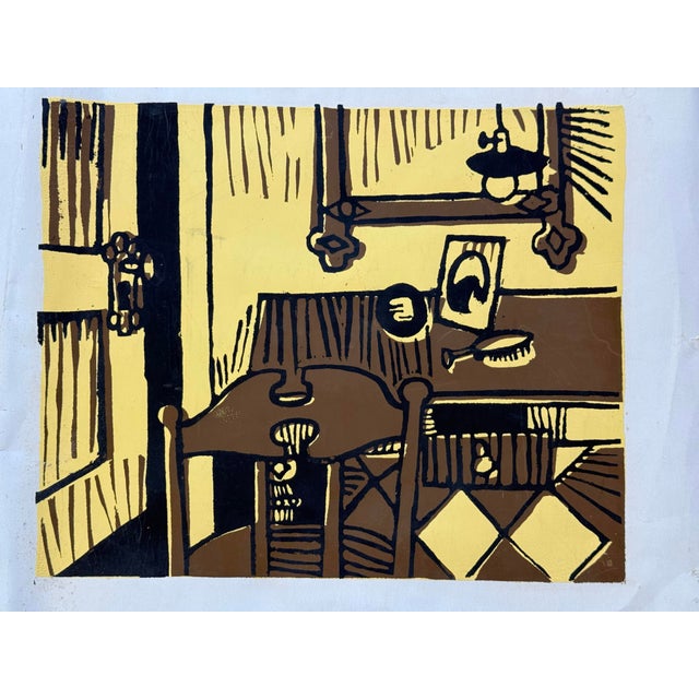 Fantastic post war modernist woodblock print featuring a still life of a chair and dressing table. Rather than using...