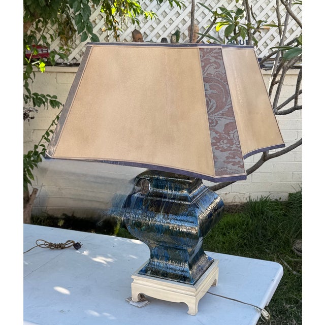 1940s Monumental Square Hollywood Regency Blue Multicolor Large Lamp Style After Fortuny & Parchment Shade For Sale - Image 13 of 18