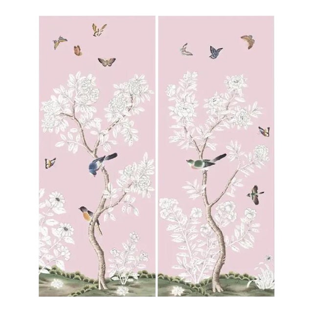 18" *36"/Panel, a Set of 2 Panels Pink Chinoiserie Printed Wallpaper Panels, No Frame,Tea Wallpaper For Sale