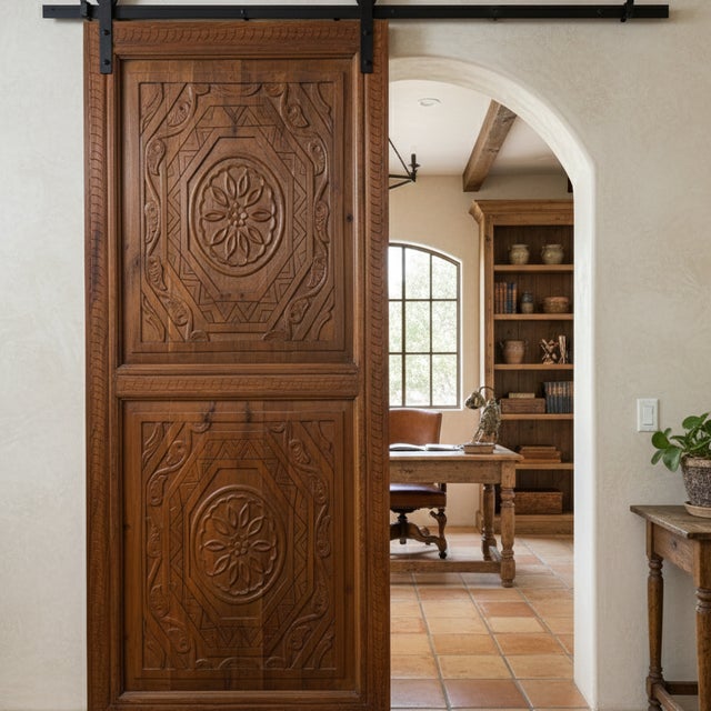Mid-Century Modern Antique Hand-Carved Double Entry Doors in Solid Wood | Ornate Statement Architectural Panels 80x36 For Sale - Image 3 of 4