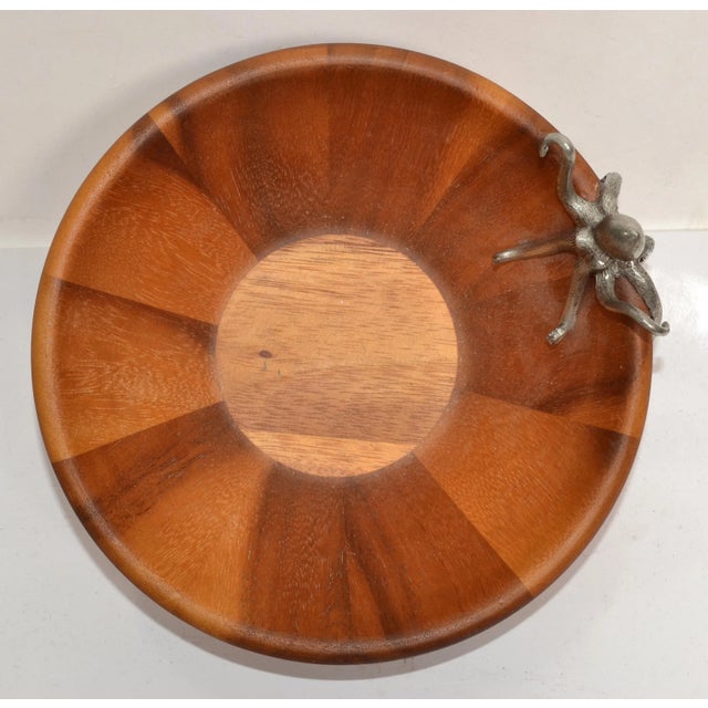 Arthur Court Vagabond House Acacia Wood Sea Life Octopus Salad Bowl For Sale - Image 4 of 9