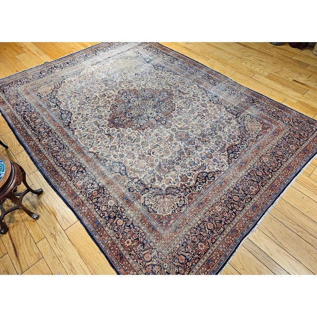 19th Century Persian Kashan Rug, Hand-Knotted Wool & Cotton, Floral Design, Ivory & Navy, 9x12 For Sale - Image 10 of 18