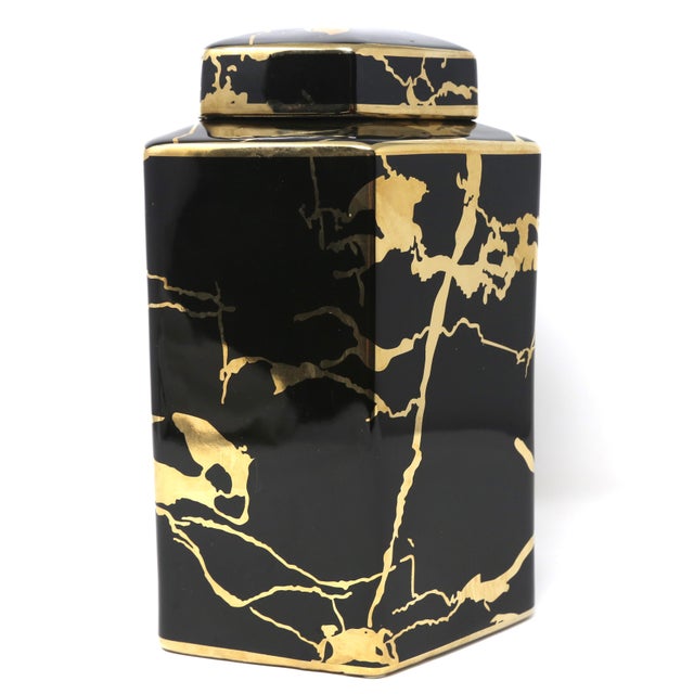 Hexagonal Black & Gold Ceramic Lidded Jar For Sale In Tampa - Image 6 of 8