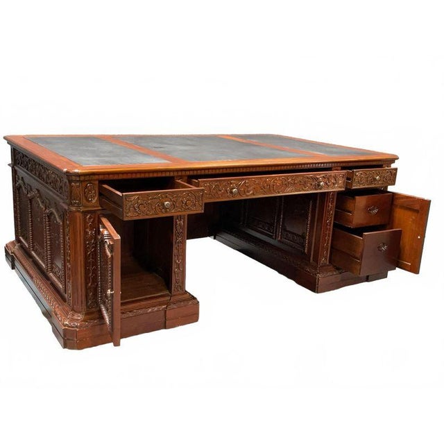 Solid Mahogany Wood Hand Carved Office Executive Large Resolute/President Desk For Sale - Image 9 of 12