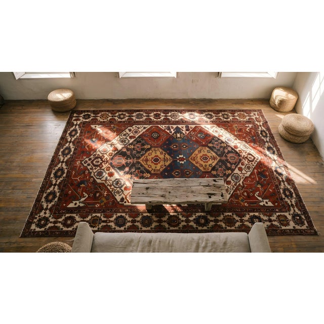 1900s Red Navy Medallion Antique Hand Knotted Persian Bakhtiari Rug 10'2"x16'4" Wool Carpet For Sale - Image 10 of 11