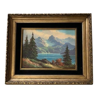 Mid 20th Century Alpine Mountain Lake Landscape Oil Painting Signed by Frieda Treubel - Framed For Sale