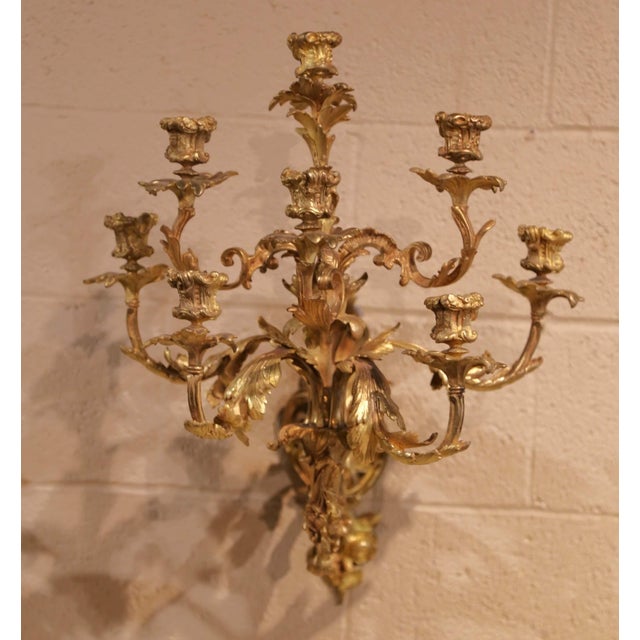 Metal Pair of 19th Century French Louis XV Rococo Bronze Dore Eight-Light Wall Sconces For Sale - Image 7 of 13