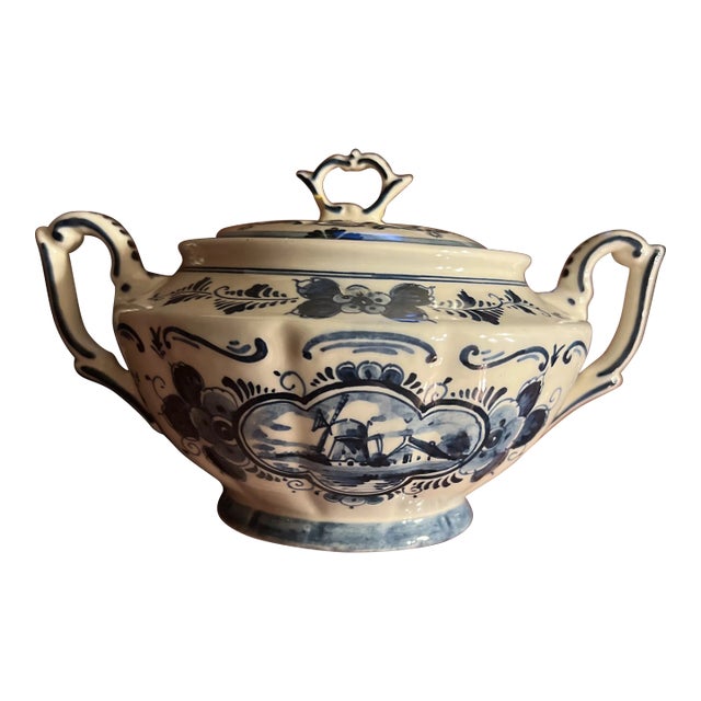 Vintage Hand Painted Delft Blue Large Covered Sugar Bowl, Signed For Sale