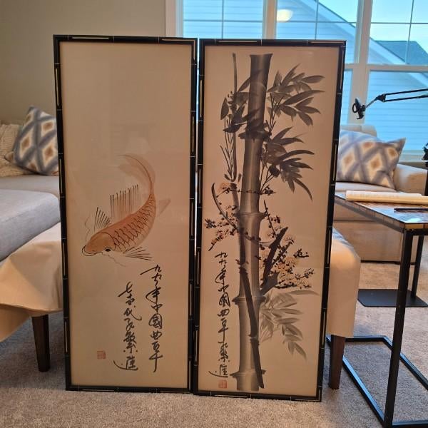 Mid-Century Chinese Faux Bamboo Framed Art Panels - Pair - Hand-Painted Koi & Bamboo Chinoiserie Watercolor Panels For Sale - Image 12 of 13
