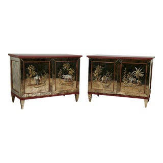 Pair of Antique Italian Eglomise Mirrored Cabinets With Elephants and Palm Trees For Sale