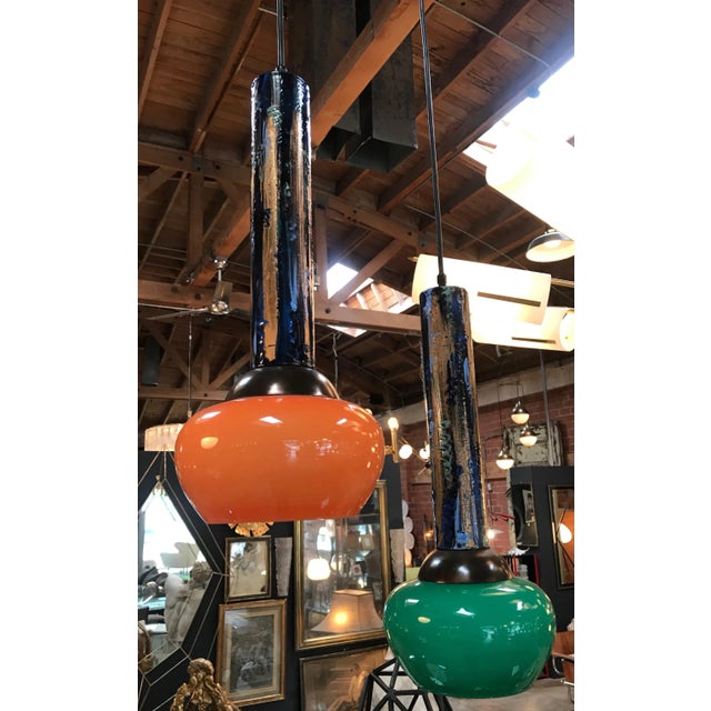 Modern Esperia Pendants Cold Painted in Orange and Green, Italy, 1970s - a Pair For Sale - Image 3 of 11