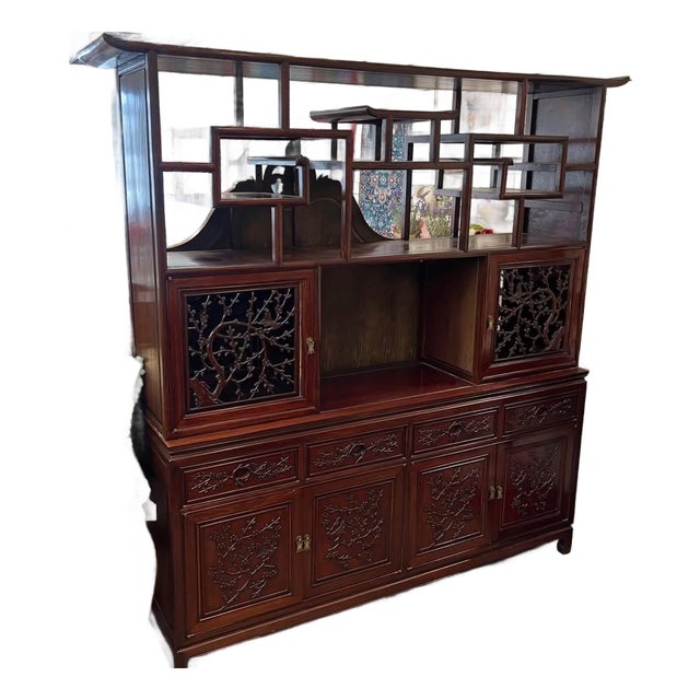 Early 20th Century Rosewood Vintage Double‑Sided Room Divider With Carved Drawers & Doors For Sale