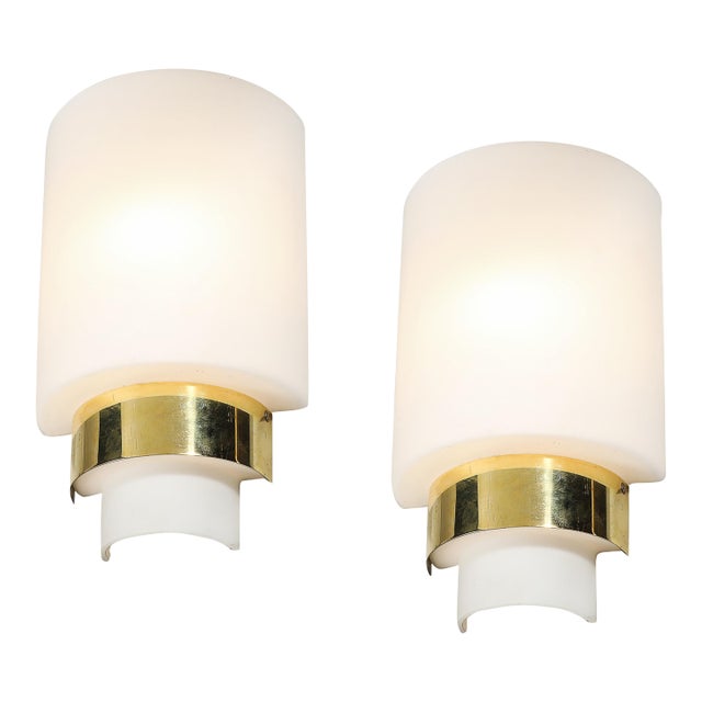 Pair of Mid-Century Modernist Minimal Frosted Glass & Brass Sconces For Sale