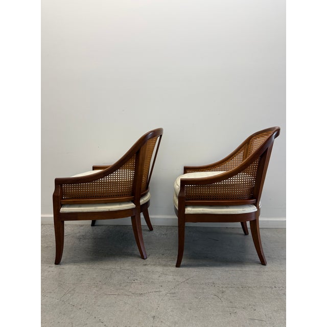 Baker Furniture Company Pair of Vintage Baker Furniture Walnut & Cane Barrel Lounge Chairs For Sale - Image 4 of 17