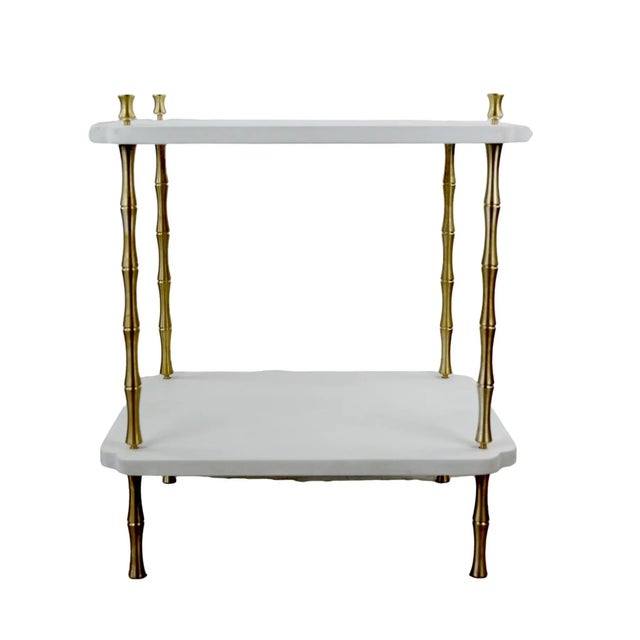 Art Deco Wood and Brass Faux Bamboo Legs White Sofa Side Table, For Sale - Image 3 of 12
