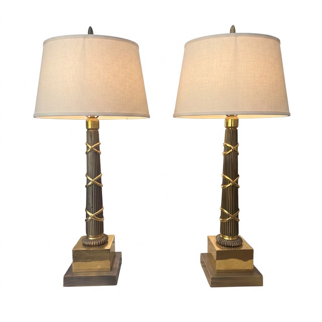 Hollywood Regency 1990s Top Brass Neoclassical Solid Brass Column Table Lamps - a Pair For Sale - Image 3 of 13