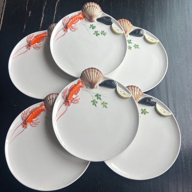Vintage Italian Ceramic Majolica Seafood Dinner Plates- Set of 6