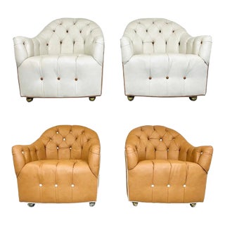 4 Leather Tufted Barrell Back Club Chairs on Ball Casters Attr. To Ward Bennett For Sale