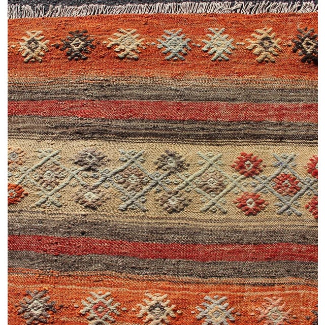 Textile Colorful Vintage Turkish Kilim Runner With Stripes and Geometric Embroideries For Sale - Image 7 of 12