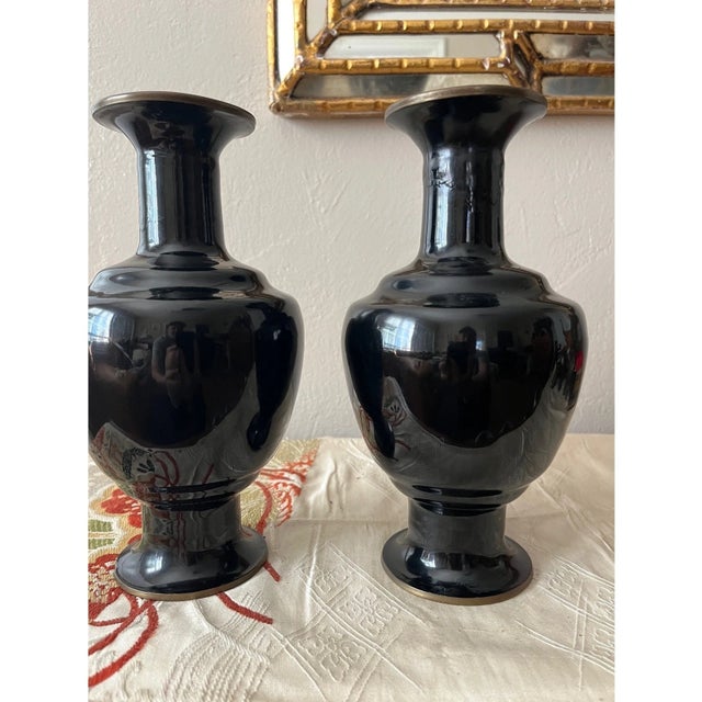 Metal Pair of Vintage 9" Korean Black Enamel Brass Vases, Mother of Pearl Inlay For Sale - Image 7 of 9