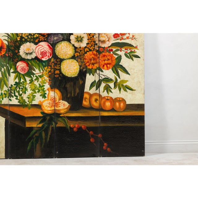 Chinese Four-Panel Hand-Painted Folding Screen with Still-Life Floral Composition For Sale - Image 3 of 12