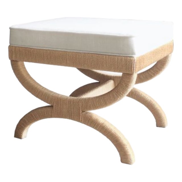 Matthew Izzo Home Xanadu Neoclassical Stool With Natural Rope and Performance Linen Cushion For Sale