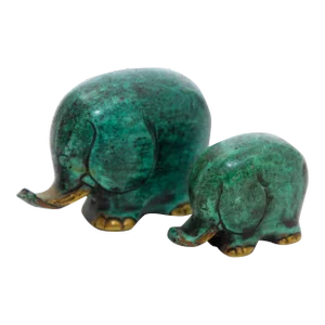 Vintage Elephant Bronze Sculpture Set of 2 in Green Verdigris