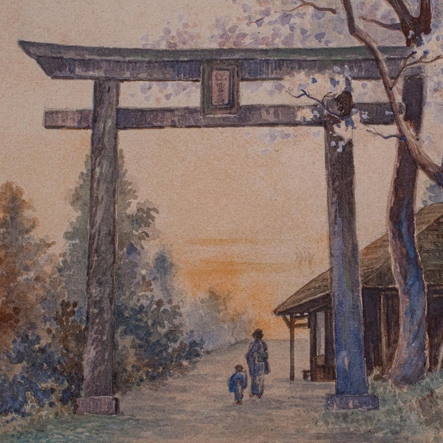 Vintage Torii Gate Landscape Painting, Japanese School, Watercolour, Art, c.1960 For Sale - Image 4 of 11