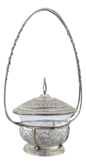 Silver and Cut Glass Candy Box with Bows, Trims, Lid with Knob and Engraved Floral Motifs