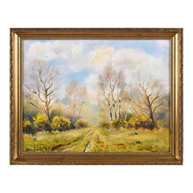 Oil Painting of Gorse on the Common With Trees & Rabbits in Oxfordshire England, 1985 For Sale
