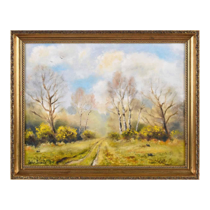 Oil Painting of Gorse on the Common With Trees & Rabbits in Oxfordshire England, 1985