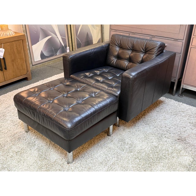 Mid-Century Modern Tufted Vegan Leather Club Chair + Ottoman, Set For Sale - Image 3 of 11