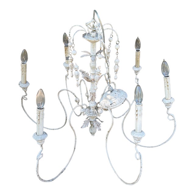 French Country Style Painted & Crystal Six-Light Chandelier For Sale