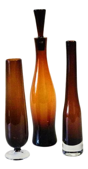 Mid Century Amber Art Glass Vases and Decanter Set