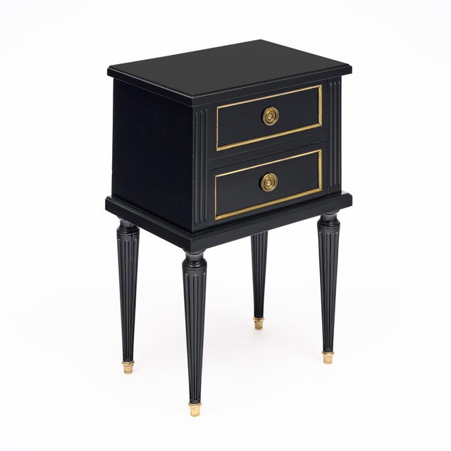 Wood Pair of French Louis XVI Style Ebonized and Brass Two-Drawer Side Tables For Sale - Image 7 of 9