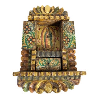 Hand Carved Cedar Wood Traveling Niche of the Virgin of Guadalupe 11" H For Sale