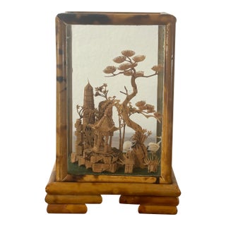 Vintage Chinese Cork Diorama in Burnt Bamboo & Glass Display Case For Sale