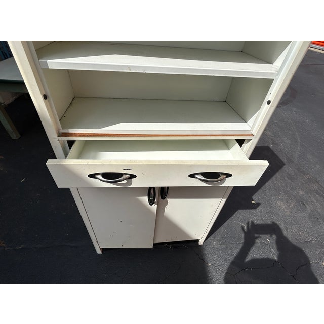 White Vintage White Enamel Metal Kitchen Hutch Cabinet With Open Shelving For Sale - Image 8 of 9