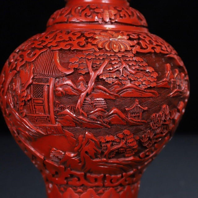 Cinnabar Lacquer Vase Pair / Carved Red Lacquer Landscape Vases For Sale - Image 10 of 12