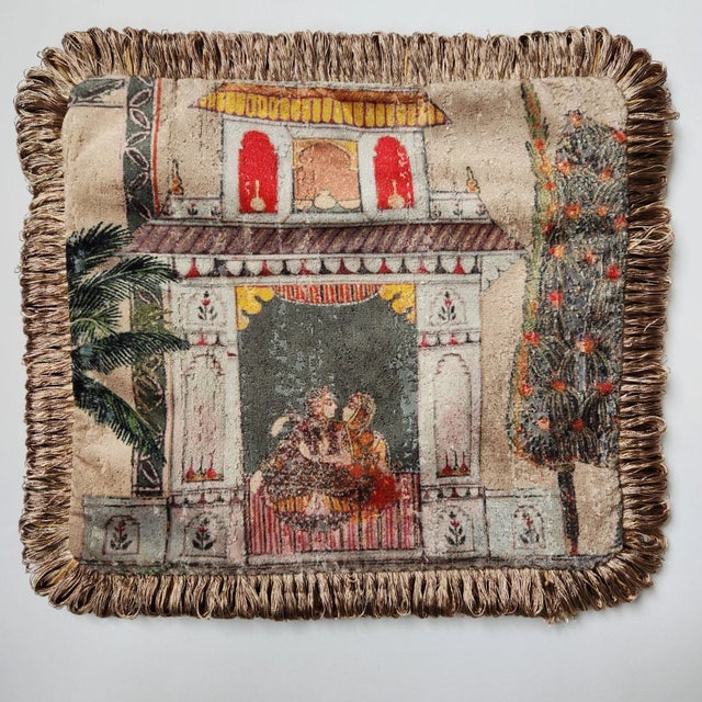2020s Indian Chinoiserie Velvet Pillow With Fringe - Garden Fantasy in Tan With Tan Backing For Sale - Image 5 of 7