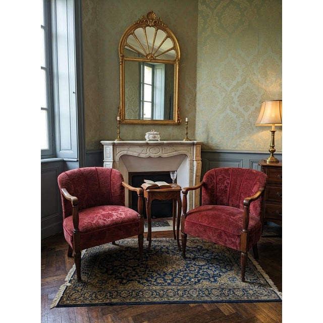 Vintage Oak and Damask Velvet Armchairs, 1960s, Set of 2 For Sale - Image 13 of 13