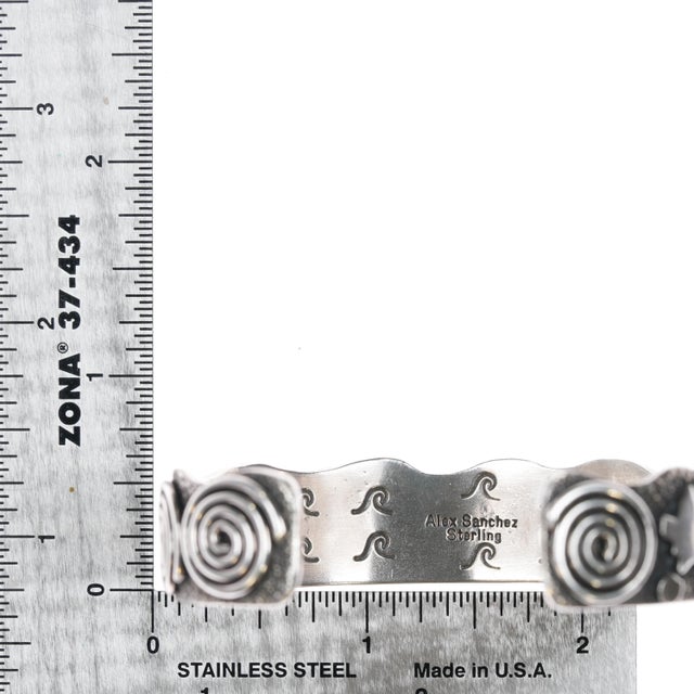 Silver 6.5" Alex Sanchez Navajo sterling petroglyph cuff bracelet with turquoise For Sale - Image 8 of 10