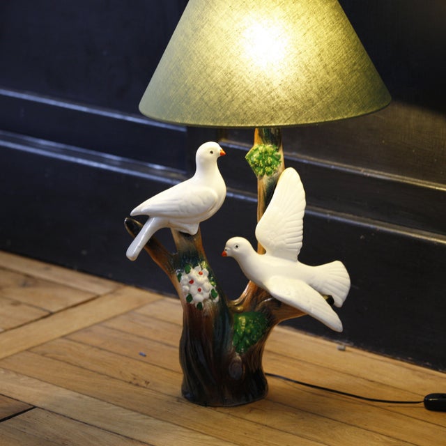 Ceramic Bottle Lamp with 2 Doves on a Panel For Sale - Image 5 of 7