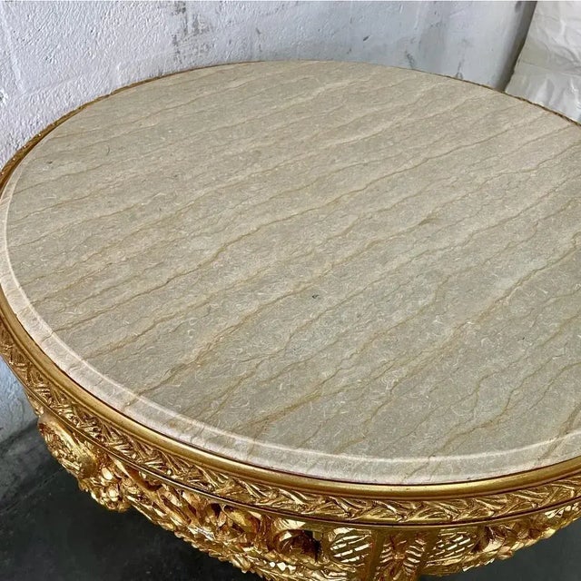 Grand French Baroque Round Coffee Table – Beige Marble Top With Ornate Gold Leaf Details For Sale - Image 4 of 7
