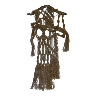 Vintage Handmade Jute Macrame Wall Hanging Décor Driftwood Ceramic For Sale
