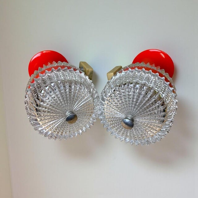 Mid-Century Modern Space Age Red Metal and Clear Ribbed Glass Wall Lights, 1970s, Set of 2 For Sale - Image 9 of 13