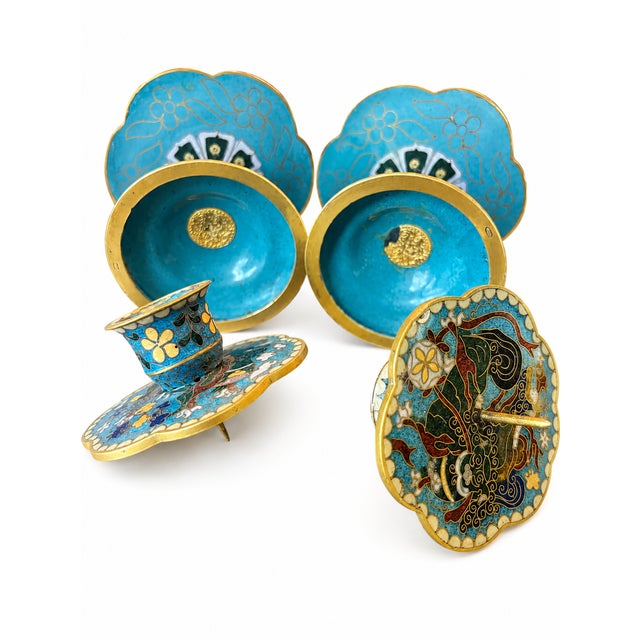 Chinese Pair of Vintage Chinese Cloisonné Enamel Candlesticks With Dragon Motif For Sale - Image 3 of 6