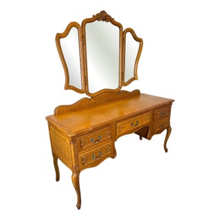 Vintage French Oak Dressing Table with Mirror For Sale