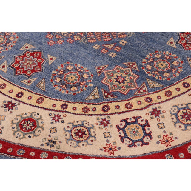 2020s Boho Chic Kazak Light Blue/Beige Wool Round Rug- 8'0''x8'0'' For Sale - Image 5 of 9